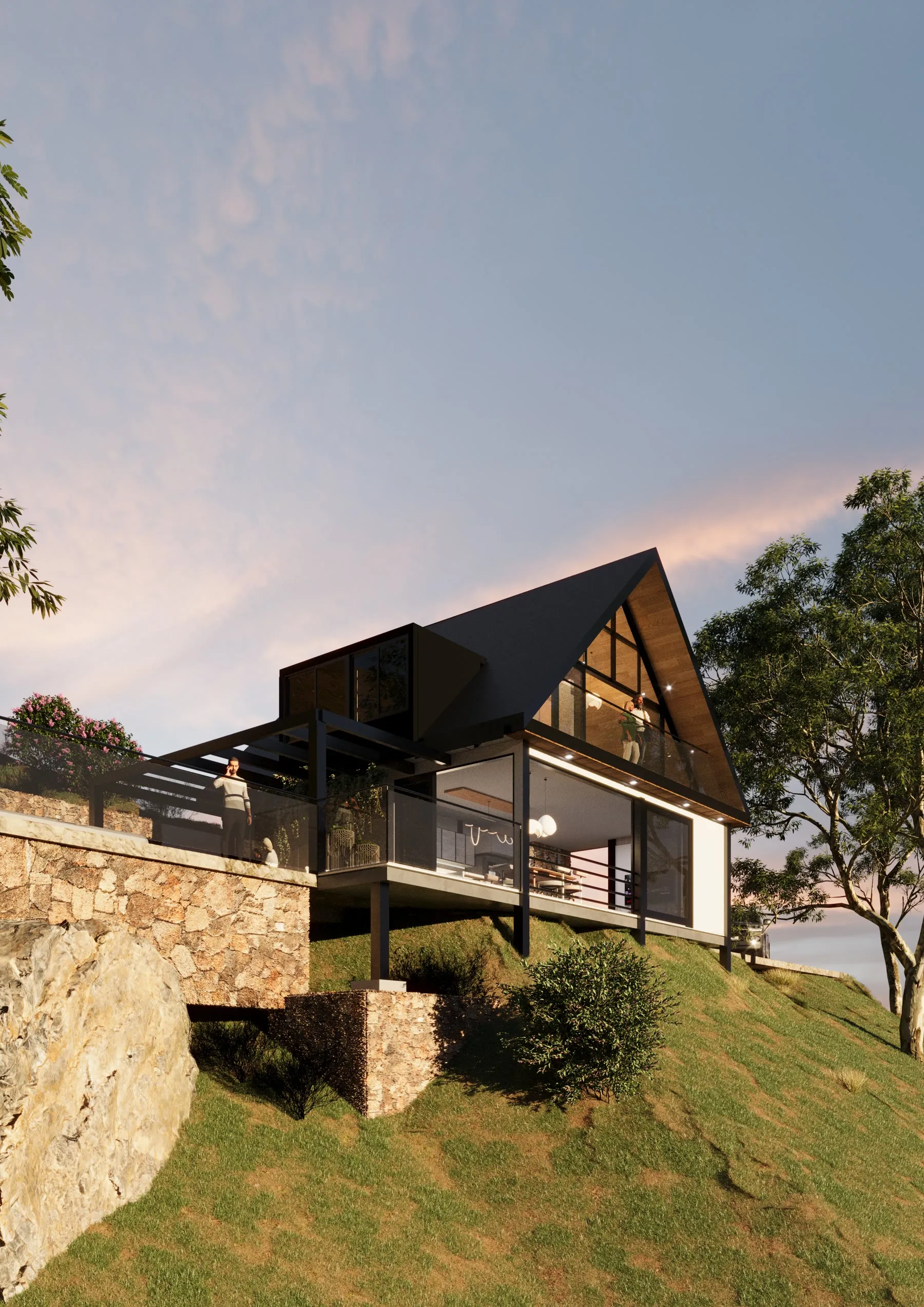 Render del exterior de una cabaña de Charta al atardecer