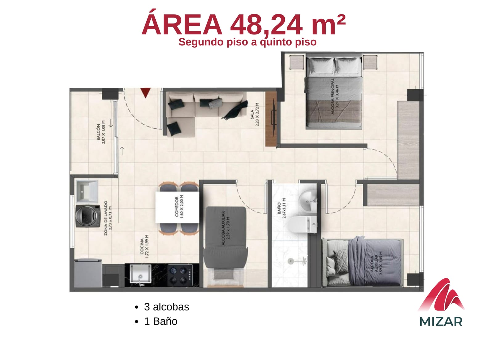 Plano del apartamento Tipo 1 — 48,24 m², 3 alcobas y 1 baño